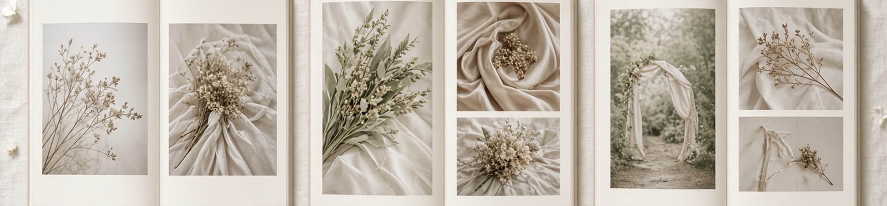 Album spreads in ivory and sage tones with dried flowers and soft fabric