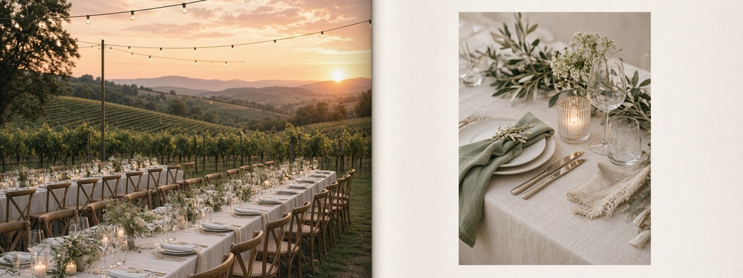 Album spread: long reception tables in a vineyard at sunset and a sage table setting