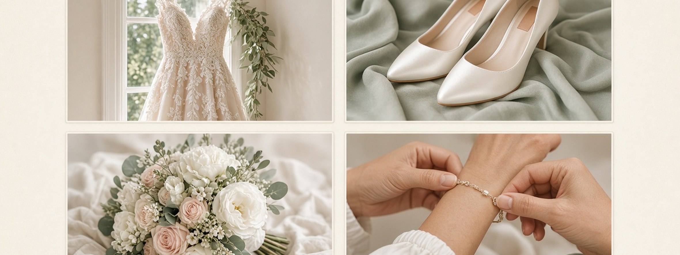 Getting-ready details spread: dress by a window, satin shoes, bouquet and hands fastening a bracelet