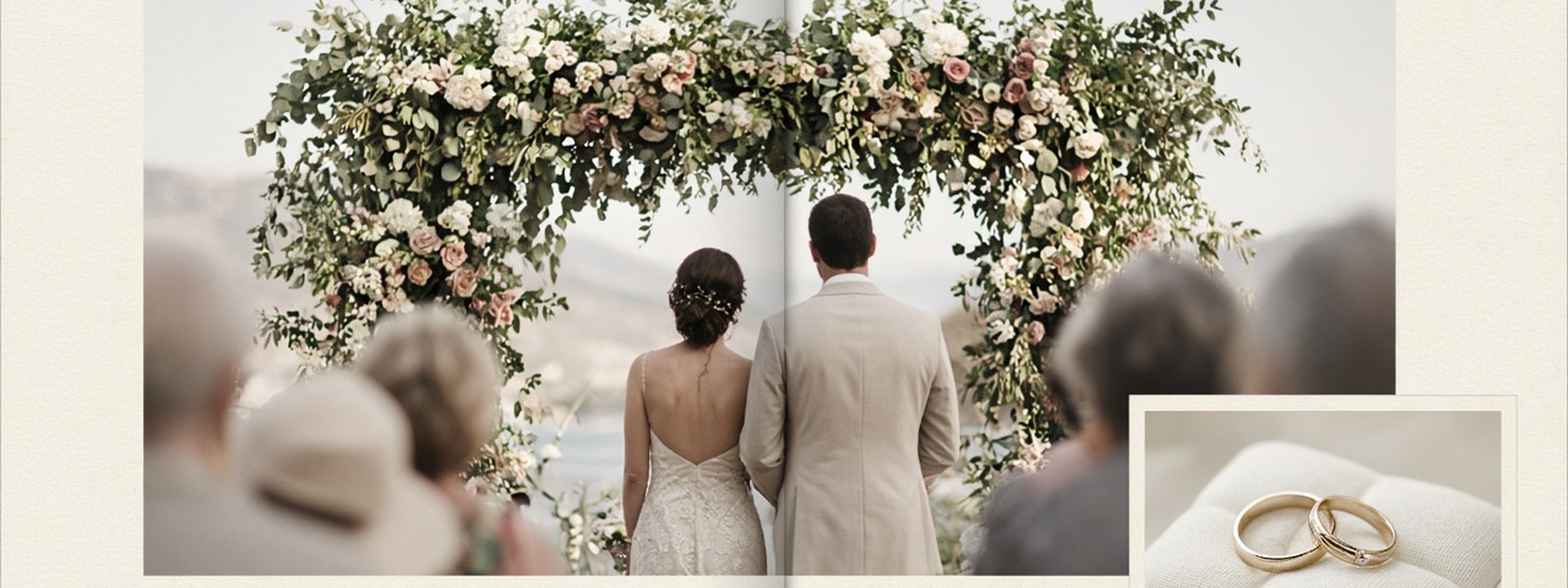 Ceremony spread: a couple seen from behind under a floral arch by the sea, with a small photo of rings