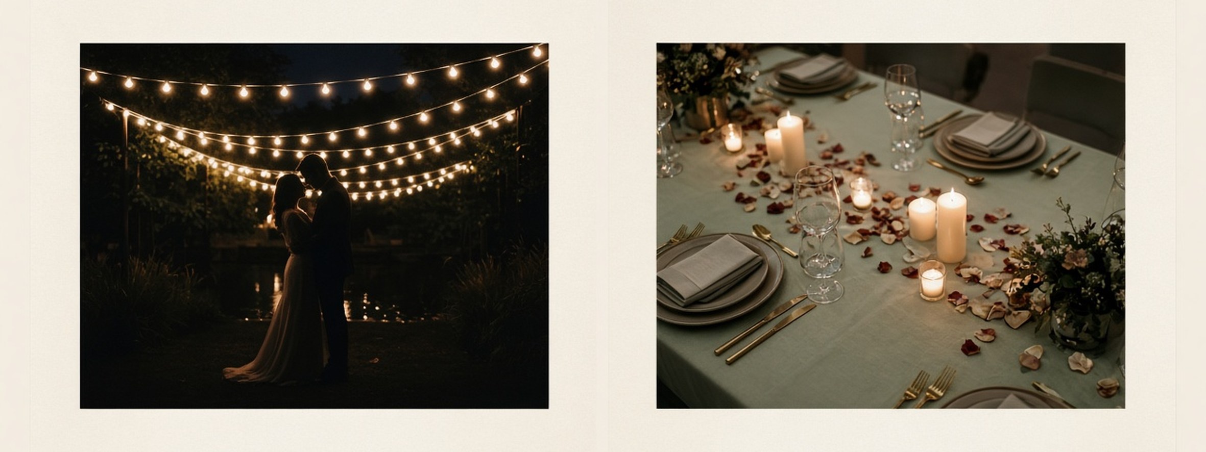 Closing spread: a couple in silhouette under string lights and a candlelit table